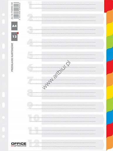 Przekładki do segregatora A4 Office Products kartonowe białe z kolorowymi laminowanymi indexami 12 kart
