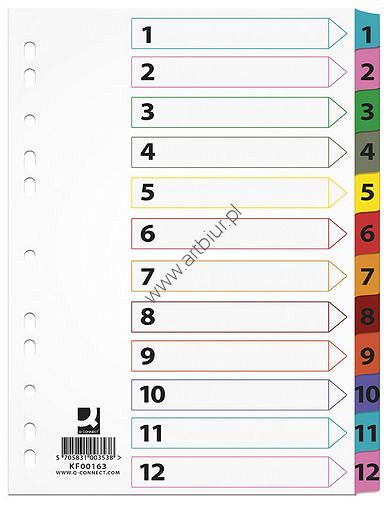 Przekładki do segregatora A4 1-12 kart Q-Connect kartonowe Mylar z kolorowymi laminowanymi indeksami