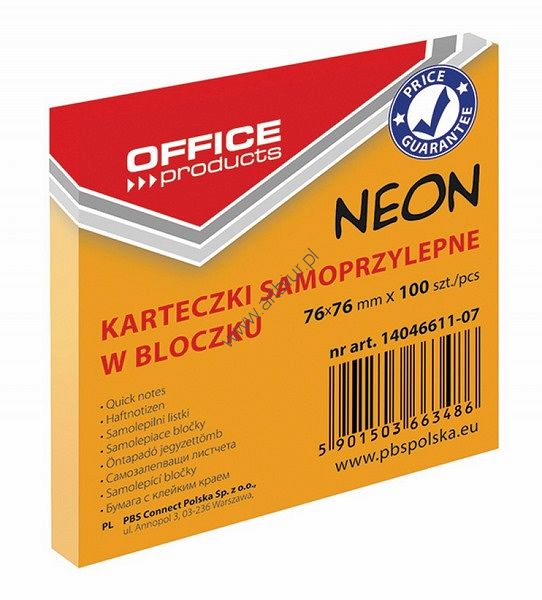 Karteczki samoprzylepne Office Products 76x76mm 1x100 kart neon