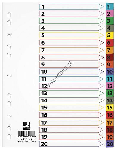 Przekładki do segregatora A4 1-20 kart Q-Connect kartonowe Mylar z kolorowymi laminowanymi indeksami